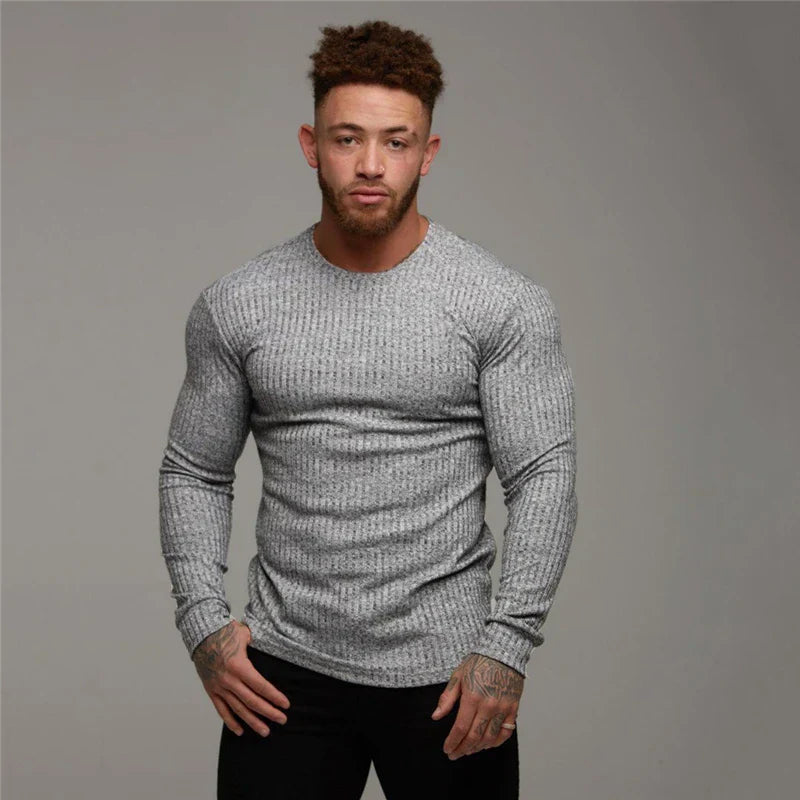 Slim Fit Pullover | Gerippt | Langarm | Strickpullover | Herrenbekleidung-Grau-M-Chaps Herrenmode