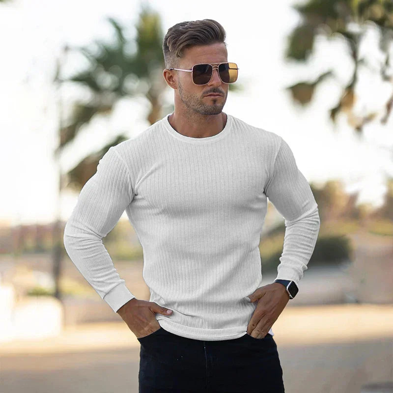 Slim Fit Pullover | Gerippt | Langarm | Strickpullover | Herrenbekleidung-Weiß-M-Chaps Herrenmode