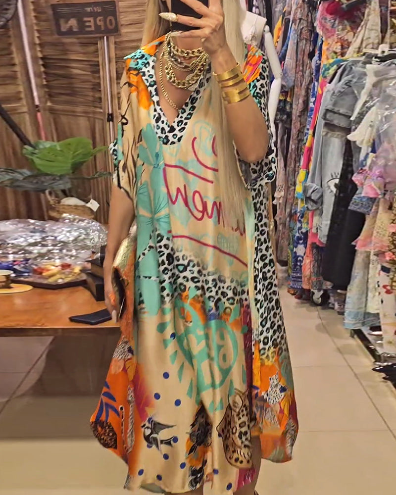 Damen-Kleid im lässigen Stil mit tiefem V-Ausschnitt, Leoparden- und buntem Muster