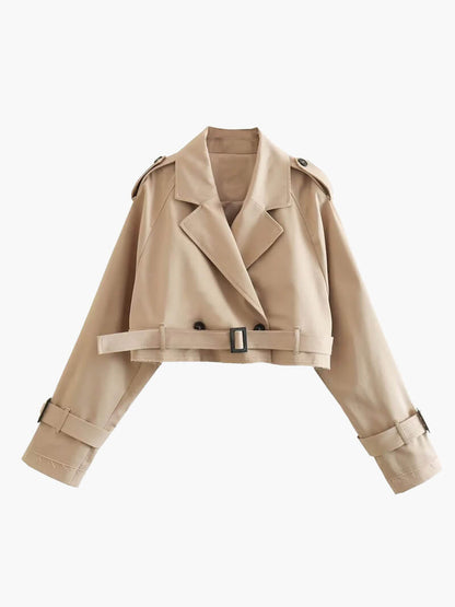 Cropped Trenchcoat Frauen Doppelreihen Gürtel Kurz - BerlinGlamour