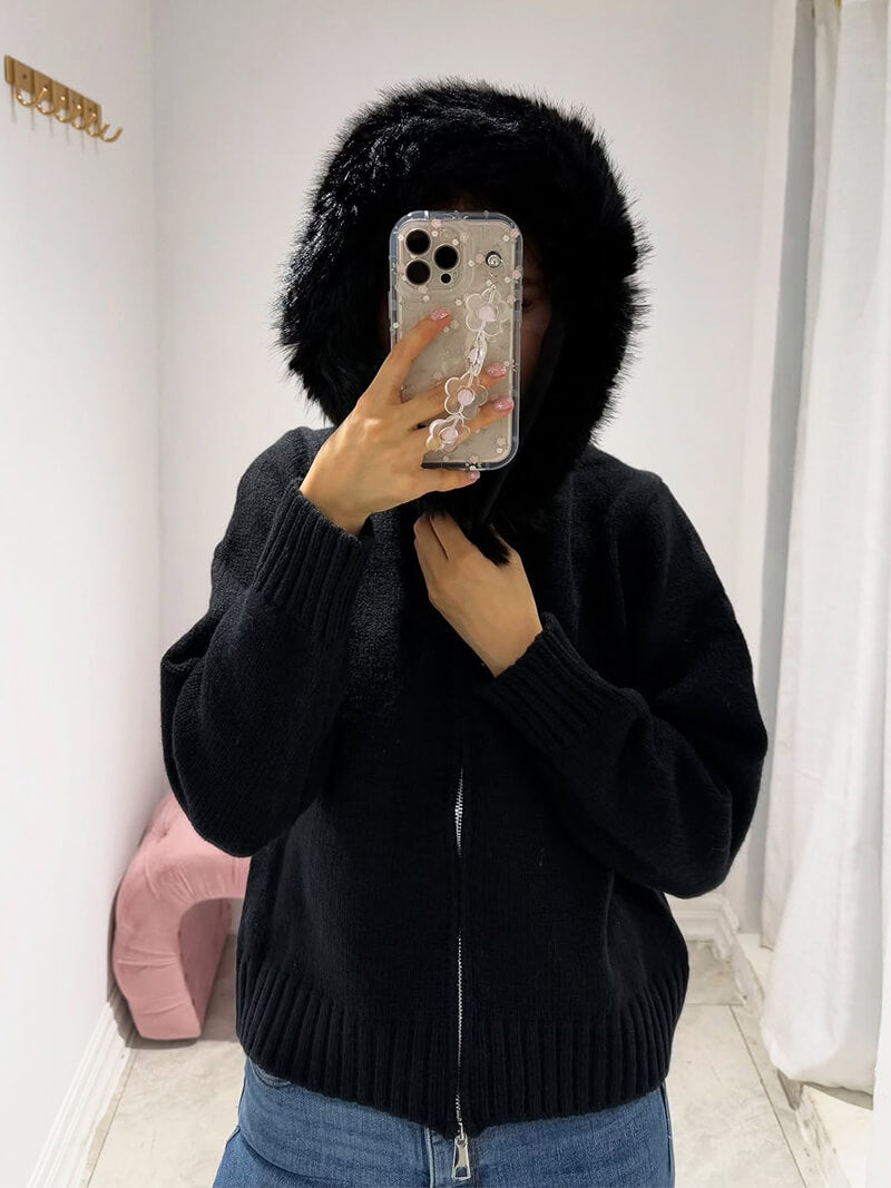 Damen Winterjacke Grau Kapuze Kunstpelz Warm