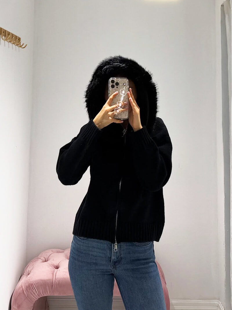 Damen Winterjacke Grau Kapuze Kunstpelz Warm