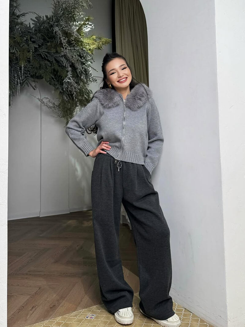 Damen Winterjacke Grau Kapuze Kunstpelz Warm