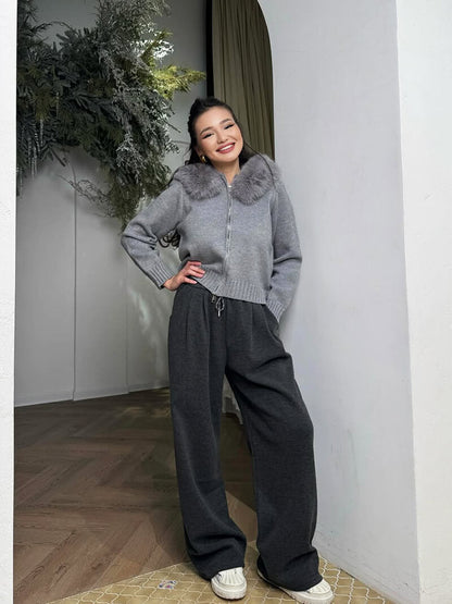 Damen Winterjacke Grau Kapuze Kunstpelz Warm