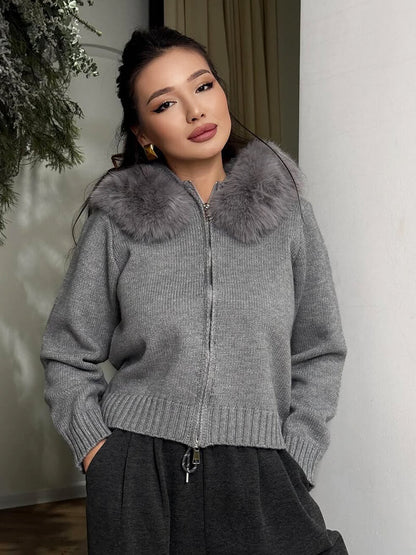 Damen Winterjacke Grau Kapuze Kunstpelz Warm