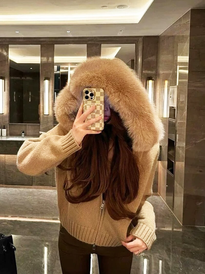 Damen Winterjacke Grau Kapuze Kunstpelz Warm