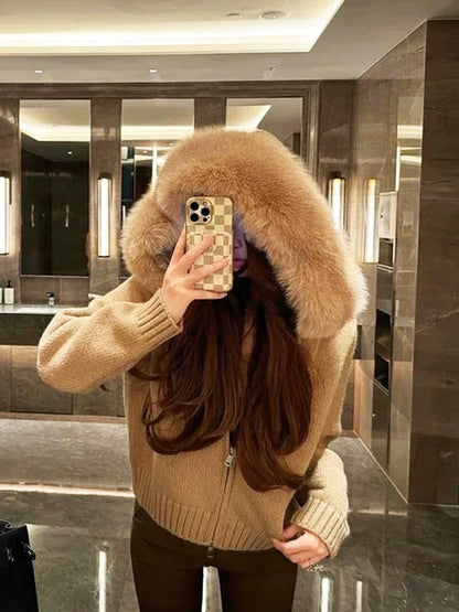 Damen Winterjacke Grau Kapuze Kunstpelz Warm