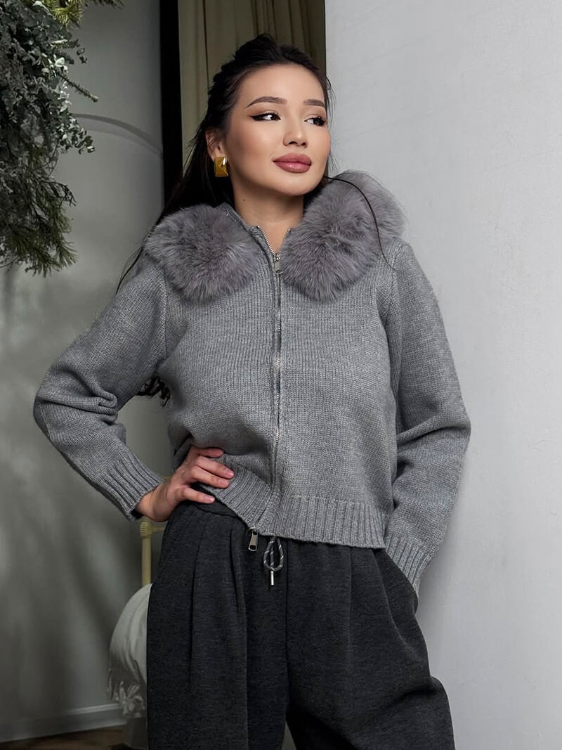 Damen Winterjacke Grau Kapuze Kunstpelz Warm