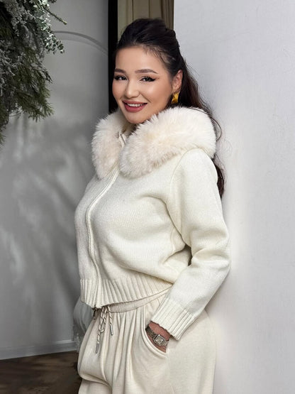 Damen Winterjacke Grau Kapuze Kunstpelz Warm