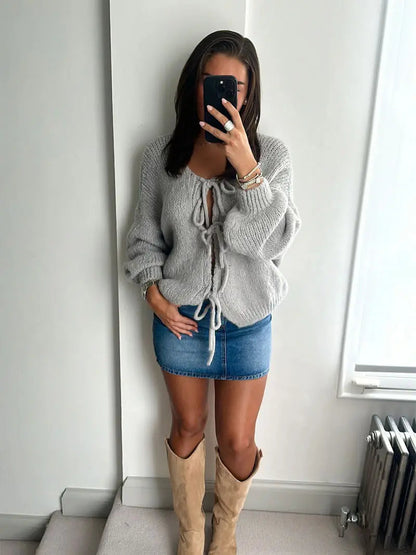 Strickjacke Damen Weich mit Schleife Rosa