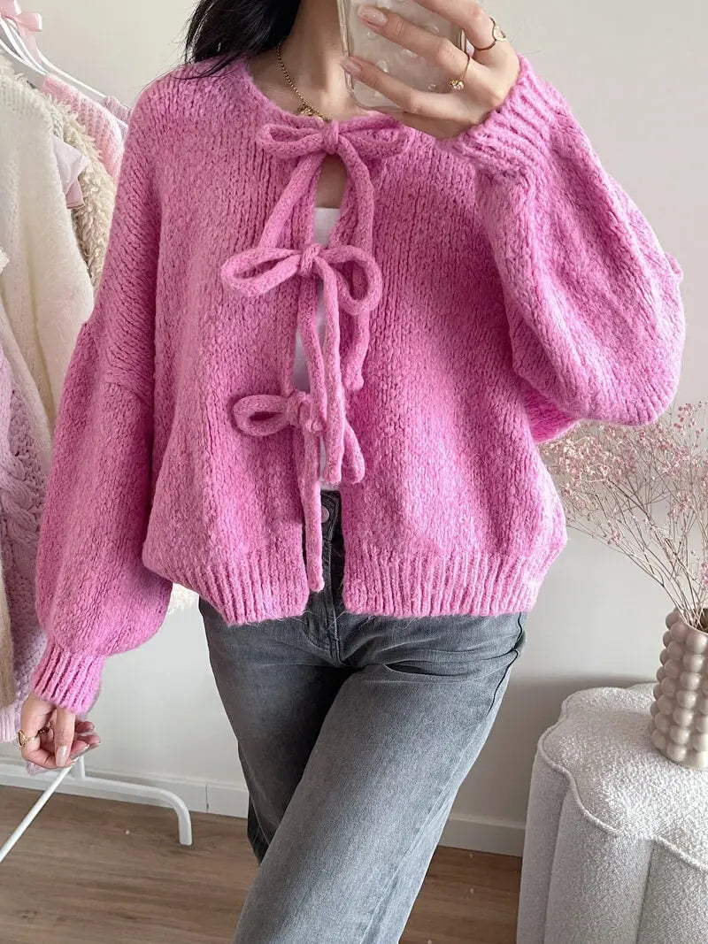 Strickjacke Damen Weich mit Schleife Rosa