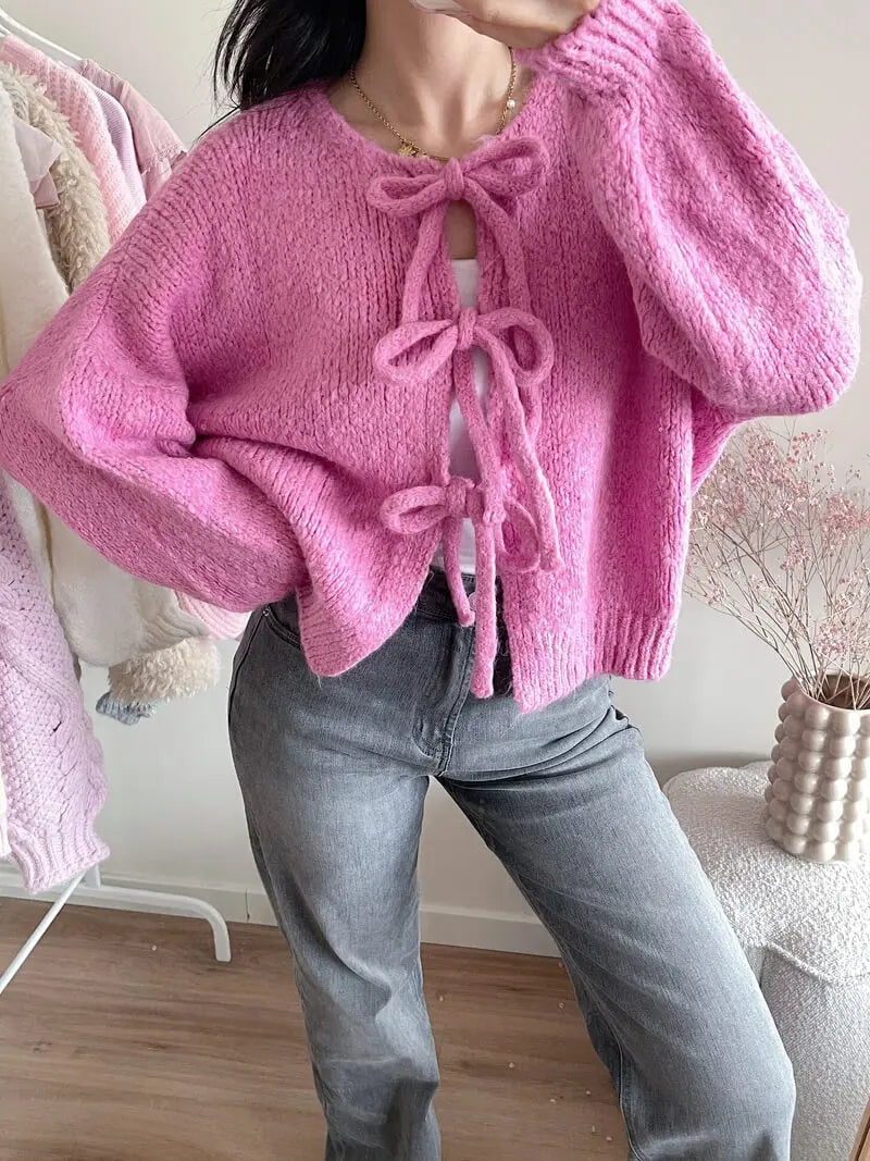 Strickjacke Damen Weich mit Schleife Rosa