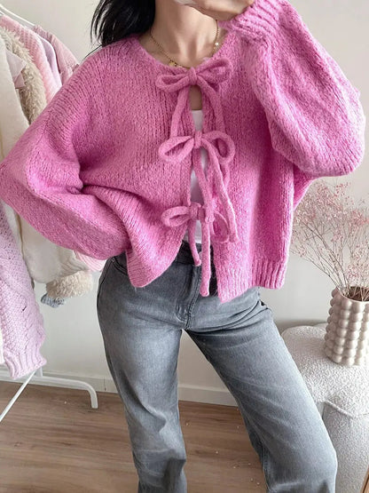 Strickjacke Damen Weich mit Schleife Rosa