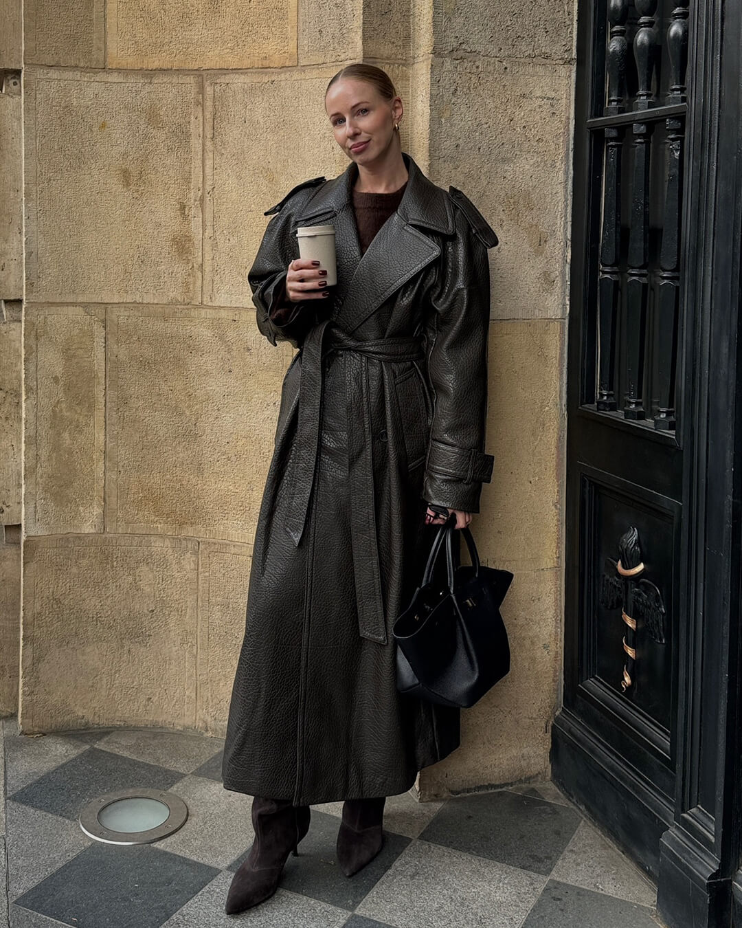 Leder-Trenchcoat Damen Lang Mantel Winter Schwarz