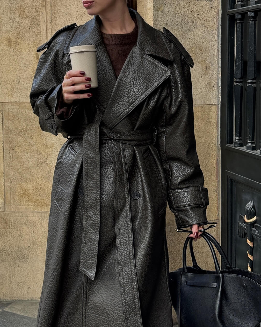Leder-Trenchcoat Damen Lang Mantel Winter Schwarz