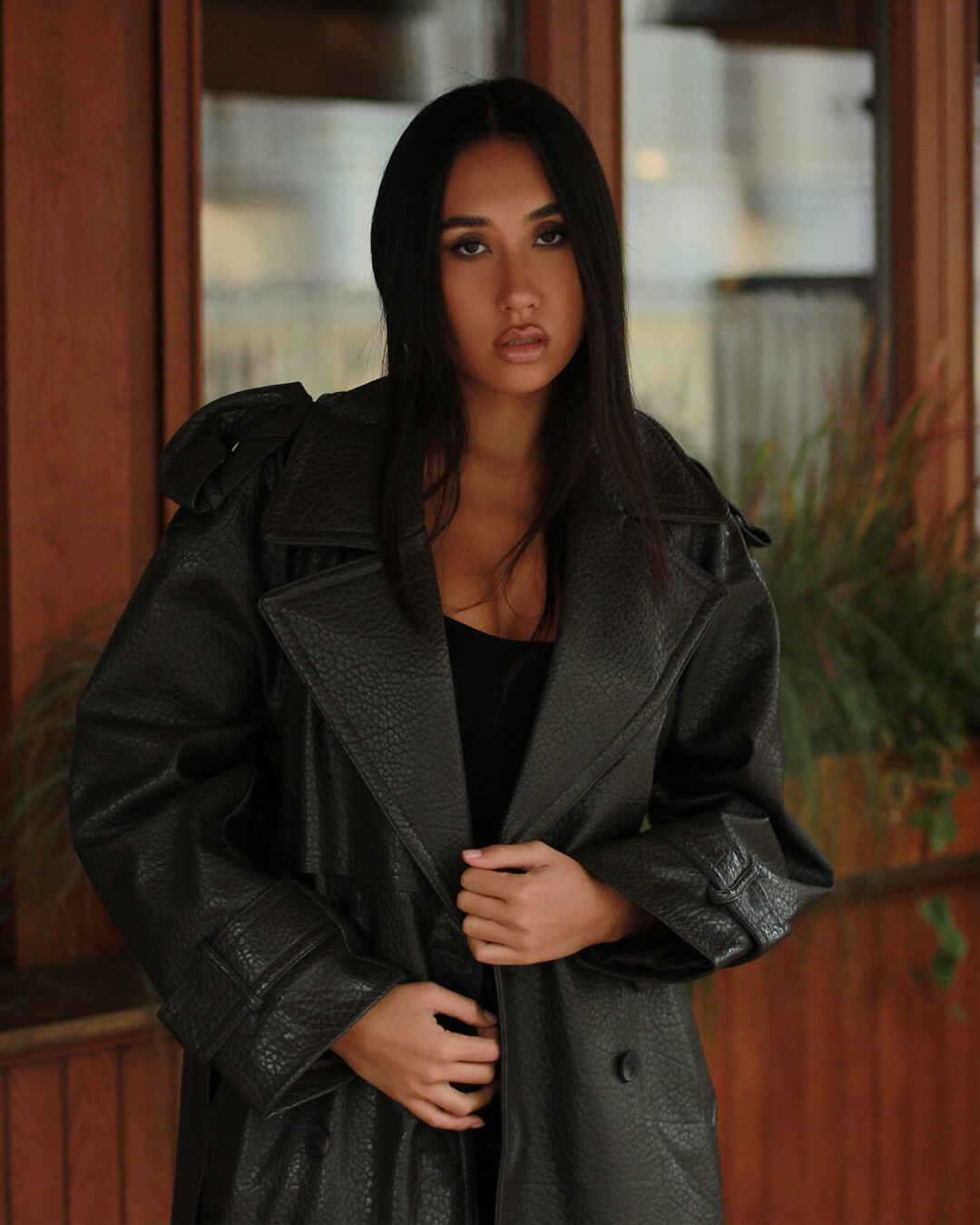 Leder-Trenchcoat Damen Lang Mantel Winter Schwarz