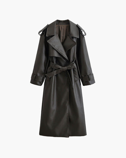Leder-Trenchcoat Damen Lang Mantel Winter Schwarz