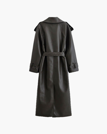 Leder-Trenchcoat Damen Lang Mantel Winter Schwarz