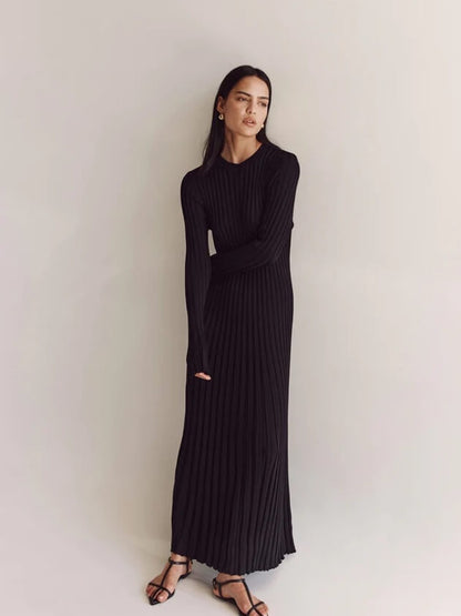 Schwarzes Maxikleid Gerippt Lang Frauenkleid