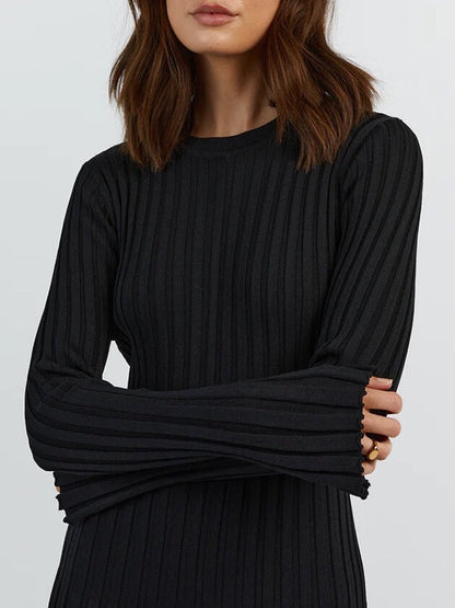 Schwarzes Maxikleid Gerippt Lang Frauenkleid