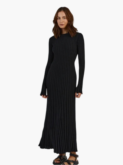 Schwarzes Maxikleid Gerippt Lang Frauenkleid - BerlinGlamour