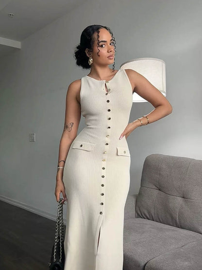 Ärmelloses Maxikleid Elegantes Knopfdetail Zeitlos Elegant