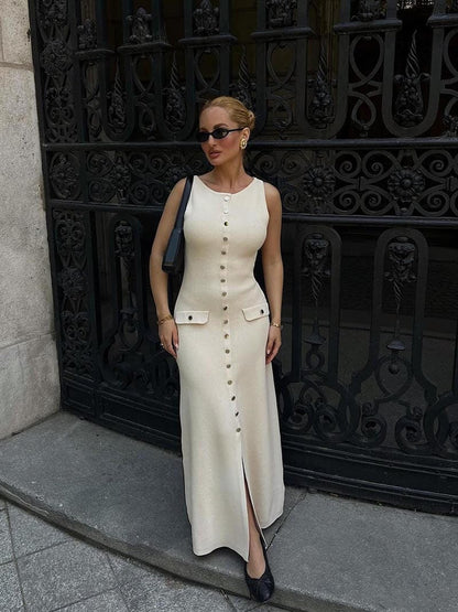 Ärmelloses Maxikleid Elegantes Knopfdetail Zeitlos Elegant - BerlinGlamour