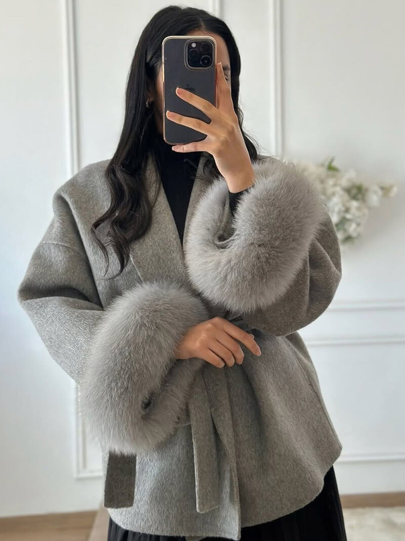 Damen Kurzmantel mit Kunstfellbesatz Eleganter Wintermantel