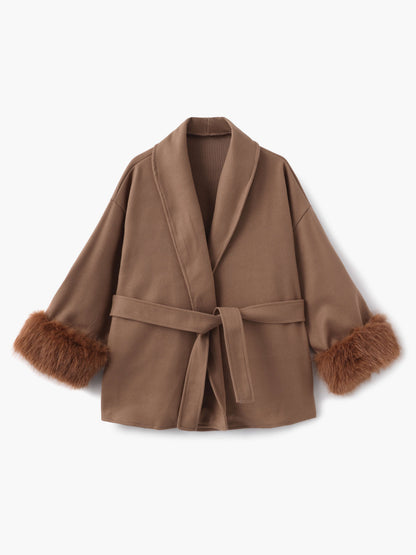 Damen Kurzmantel mit Kunstfellbesatz Eleganter Wintermantel