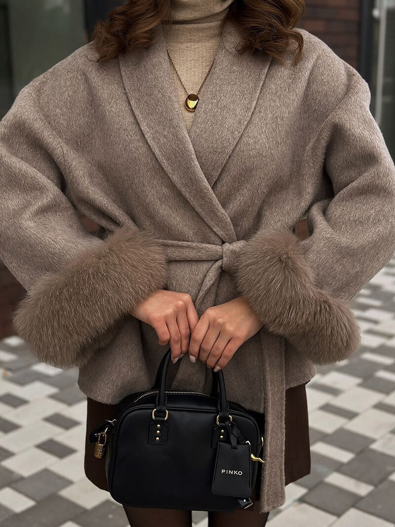 Damen Kurzmantel mit Kunstfellbesatz Eleganter Wintermantel