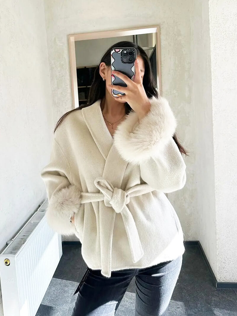 Damen Kurzmantel mit Kunstfellbesatz Eleganter Wintermantel