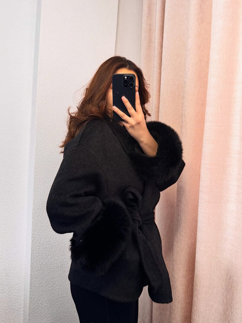 Damen Kurzmantel mit Kunstfellbesatz Eleganter Wintermantel