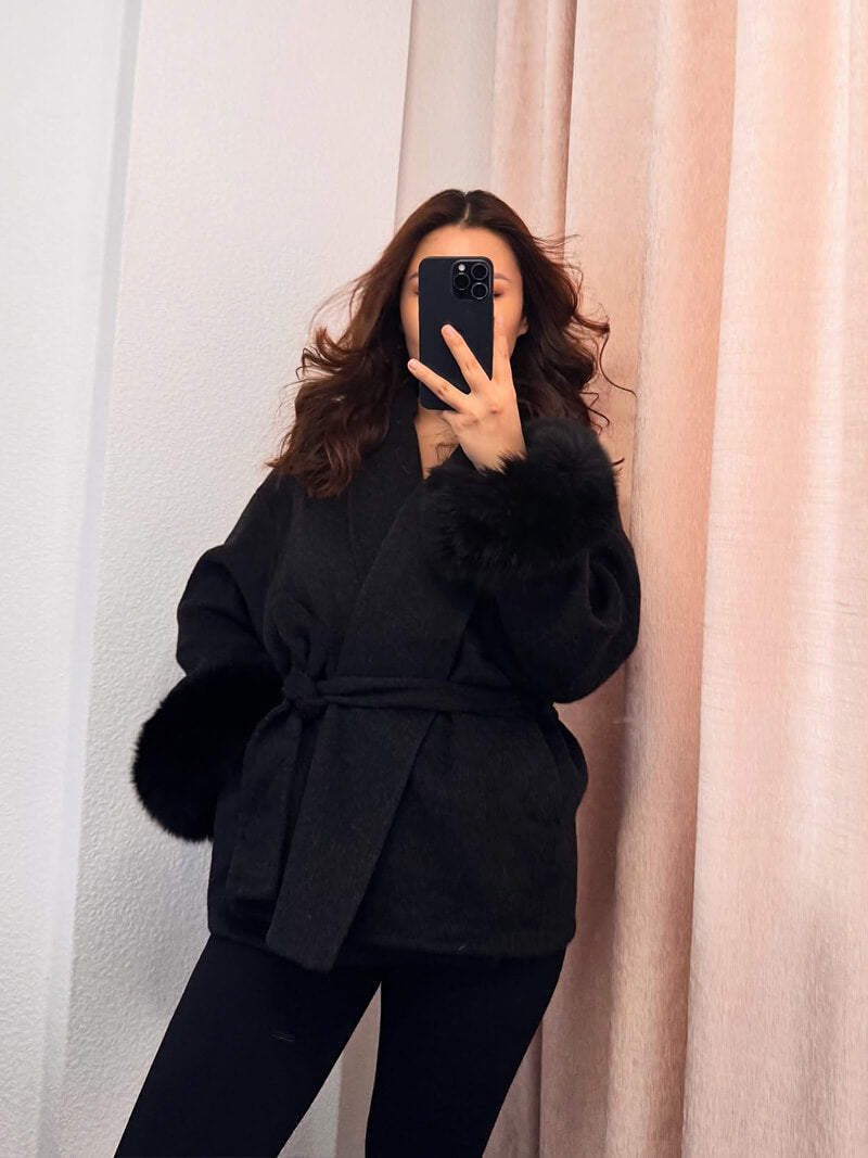 Damen Kurzmantel mit Kunstfellbesatz Eleganter Wintermantel