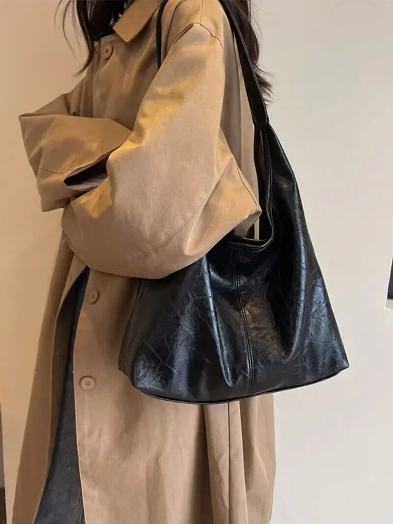 Kunstleder Schultertasche Einfach und Minimalistisch Schwarz