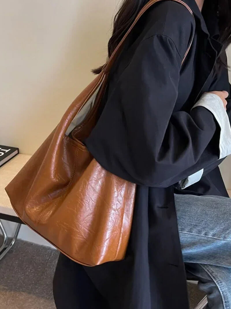 Kunstleder Schultertasche Einfach und Minimalistisch Schwarz