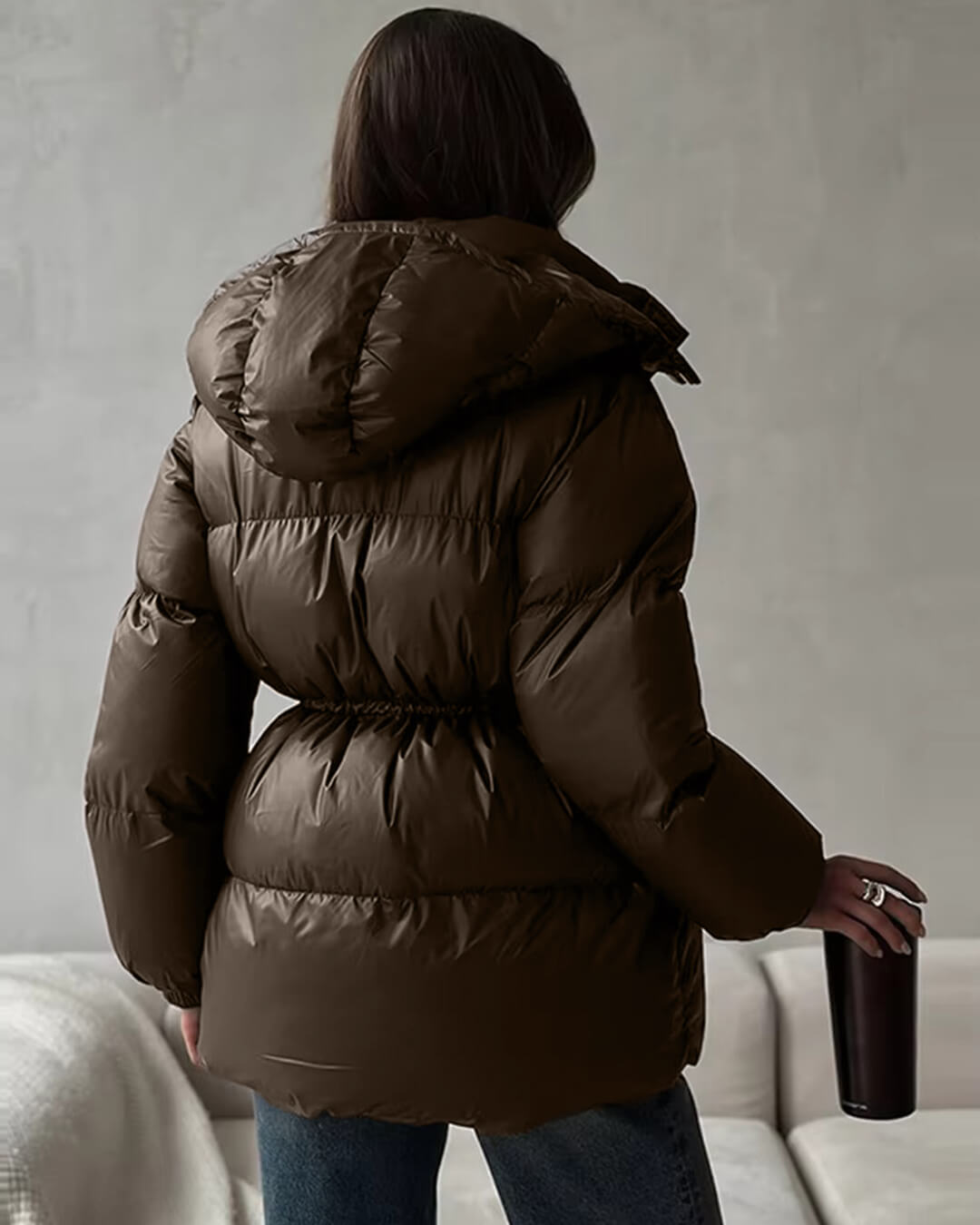 Damen Steppjacke Winter Warm mit Kordelzug Glanz