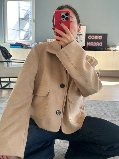 Lederschnitt Lederjacke Damen Umschlagkragen Cropped