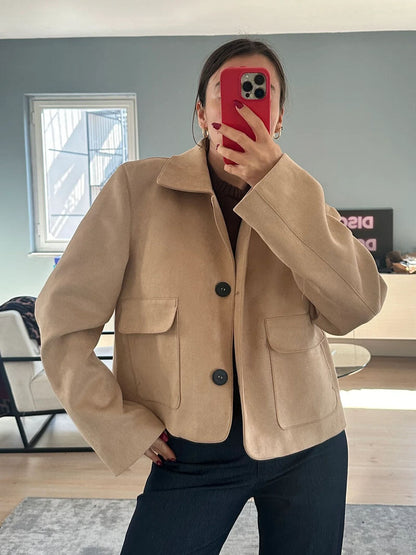 Lederschnitt Lederjacke Damen Umschlagkragen Cropped