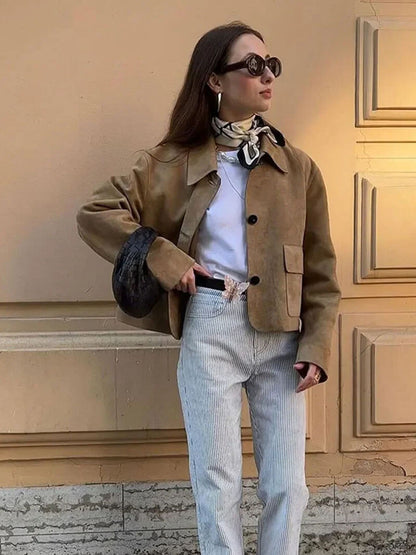Damen Kurzjacke Wildleder Klassisch Mit Taschen
