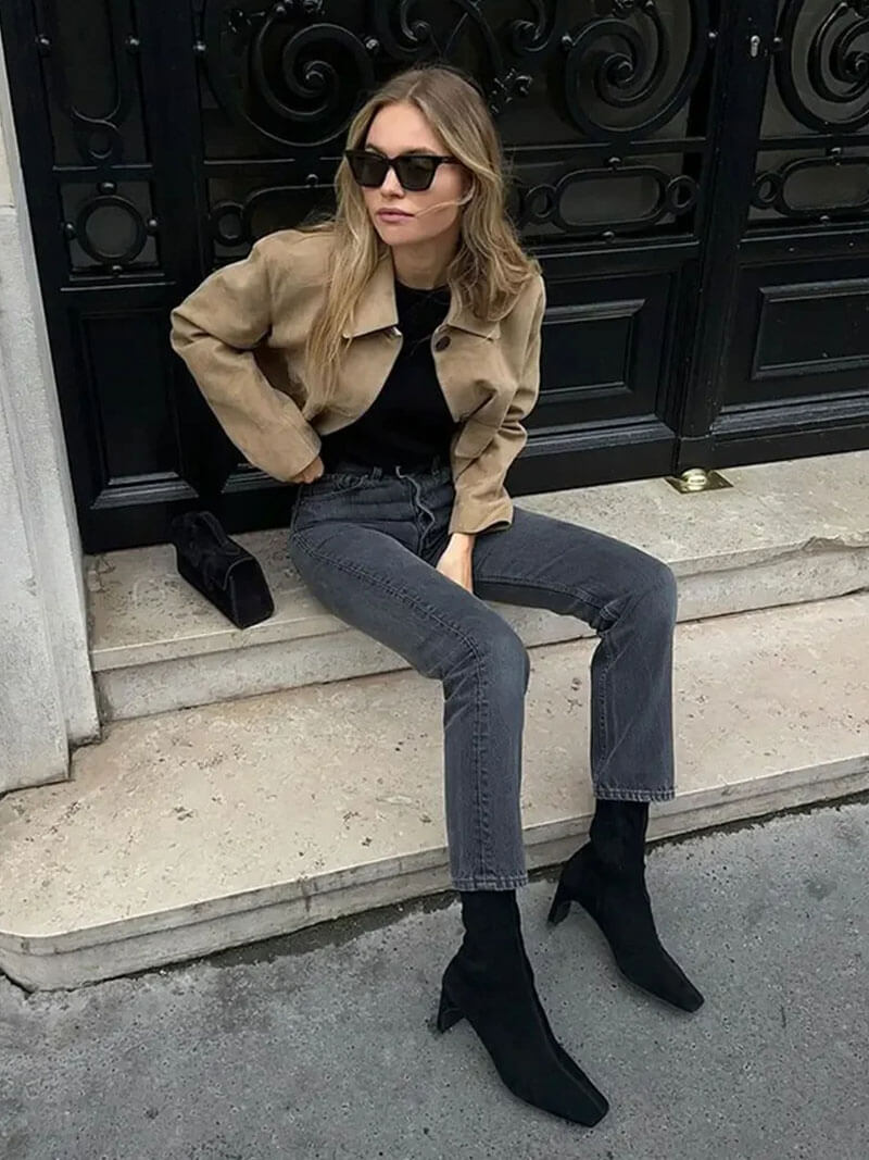 Damen Kurzjacke Wildleder Klassisch Mit Taschen