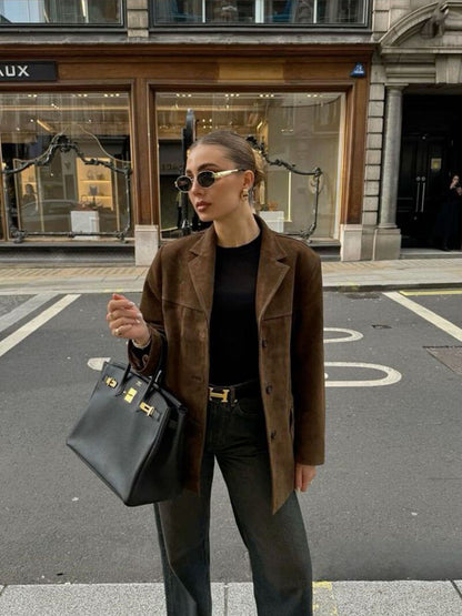 Damen Jacke Suede Modern Cropped mit Knöpfen und Taschen