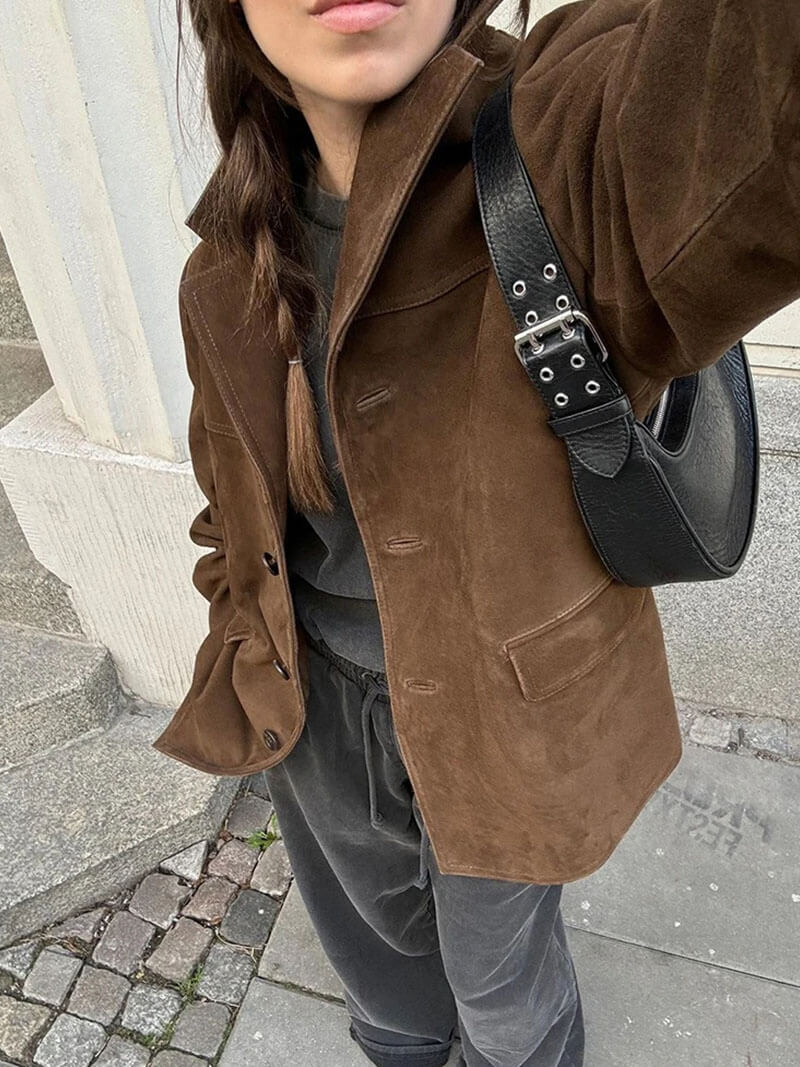 Damen Jacke Suede Modern Cropped mit Knöpfen und Taschen