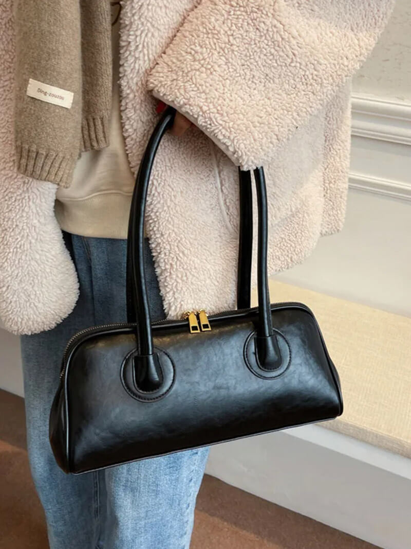 Kunstleder-Handtasche Damen Elegante Schultertasche Schwarz