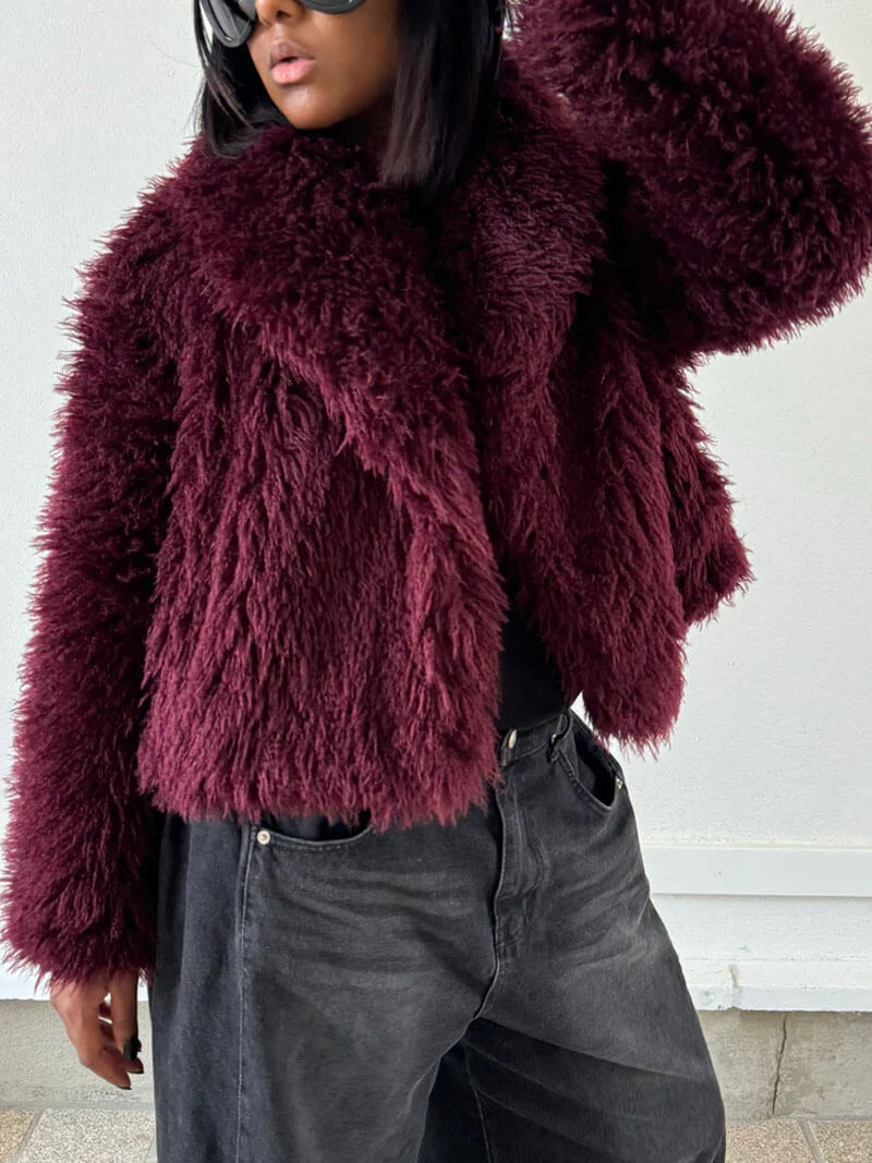 Kunstpelz Jacke Flauschig Damen Winterjacke Reverskragen