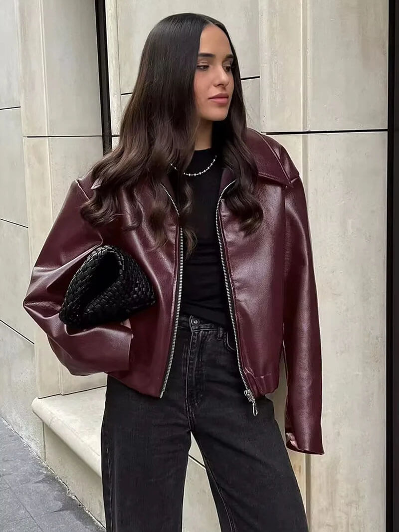 Oversize Lederjacke Damen Schwarz Reißverschluss