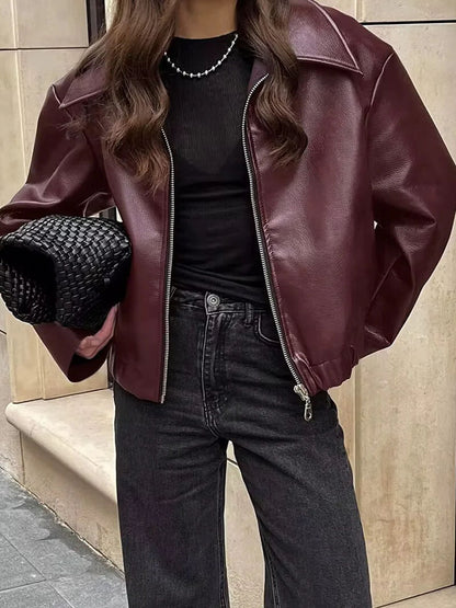 Weinrote Kunstlederjacke Damen Modern