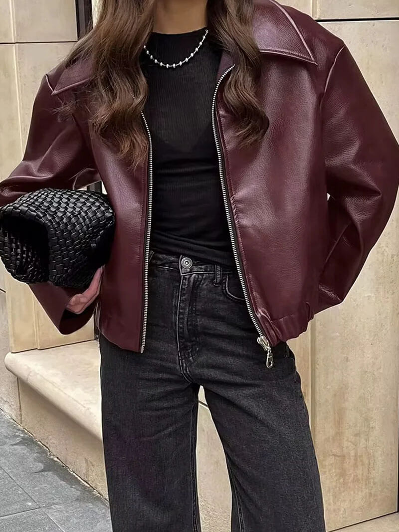 Oversize Lederjacke Damen Schwarz Reißverschluss