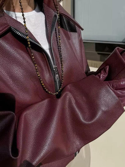 Oversize Lederjacke Damen Schwarz Reißverschluss