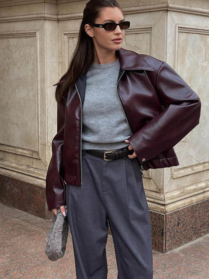 Weinrote Kunstlederjacke Damen Modern
