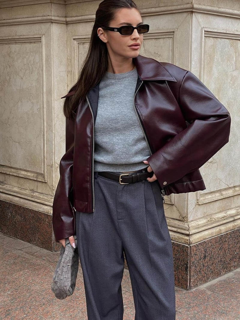 Oversize Lederjacke Damen Schwarz Reißverschluss